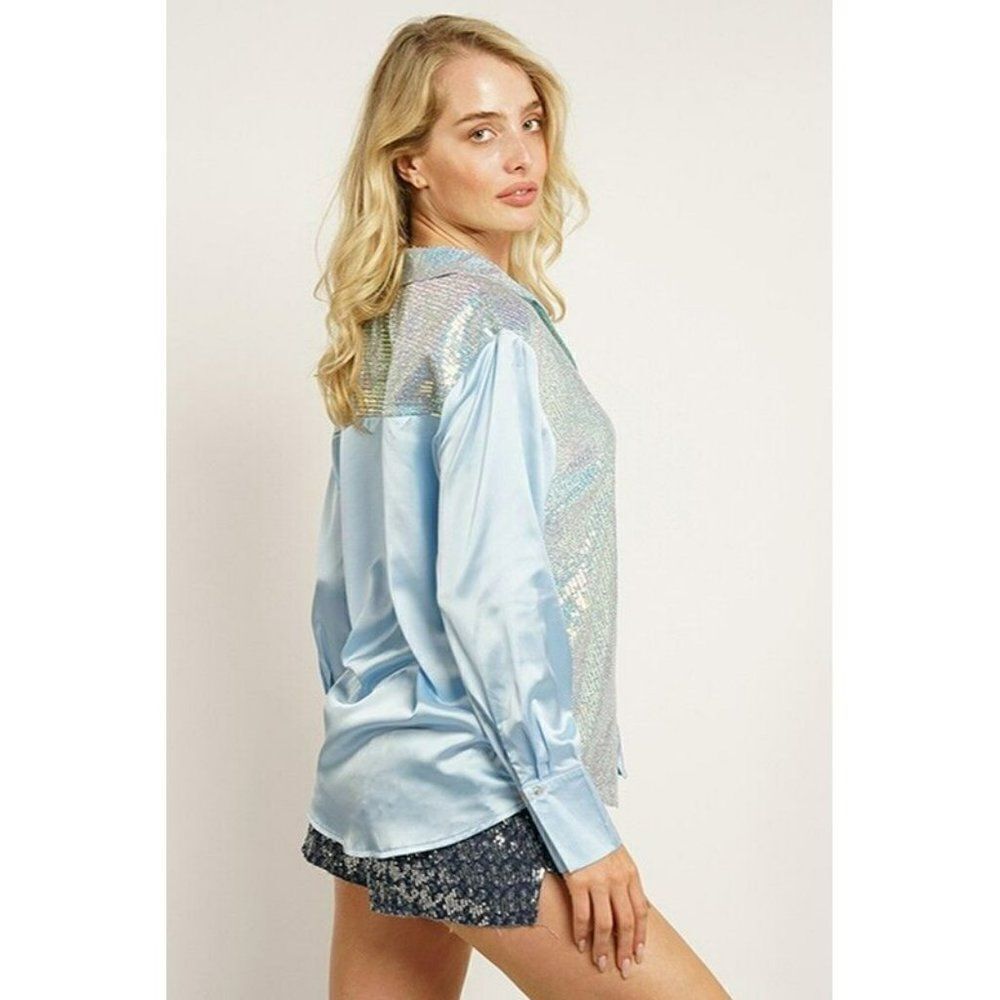 GeeGee Clothing Satin Sequin Button Up Mix Top Shirt in Chambray New S-L ST2310 - Picture 3 of 5